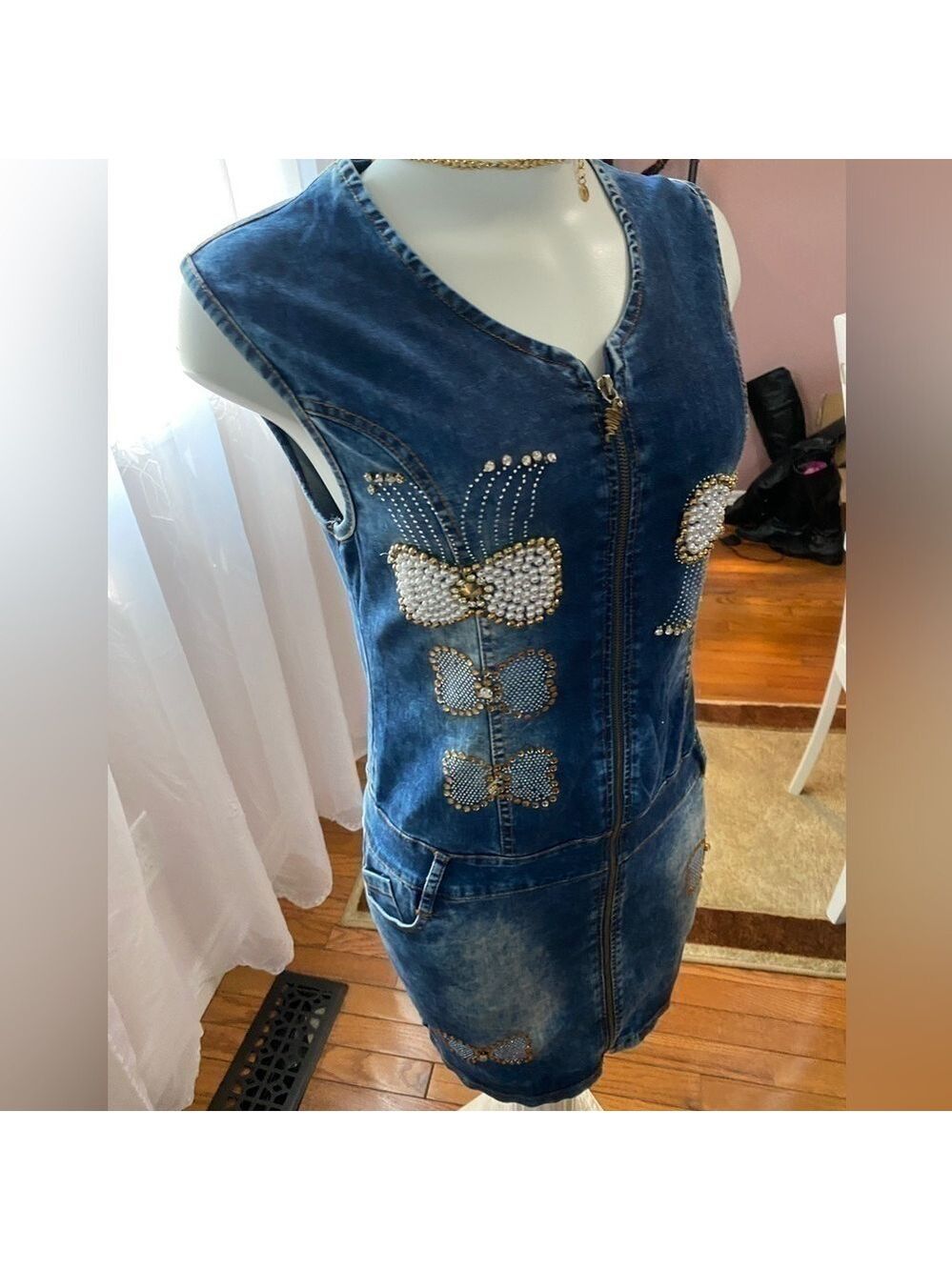 Y2k DENIM MINI DRESS EMBROIDERED BUTTERFLIES RHINESTONES MADE IN EUROPE - Picture 3 of 16